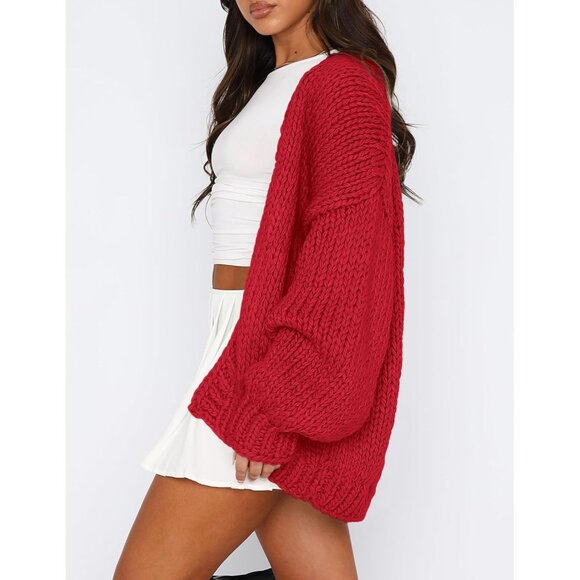 Womens Trendy Cardigan Sweaters Red Long Sleeve Chunky Knit Outfits - Picture 3 of 8
